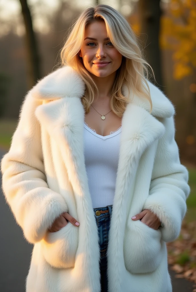 femme 42 ans, MILF , Fille sexy aux yeux bleus, ultra realistic, Meticulously detailed, Portrait de Sophie Mudd, cheveux blonds et grands yeux, selfie d'une jeune femme, Yeux de chambre, Violette Myers, sans maquillage, Maquillage naturel, regarder directement la caméra, mec avec artgram, maquillage subtil, covered in a voluminous white mink fur coat, Superbe photo de tout le corps, Nature, sunlight, souriant, buste sexy de grande taille
