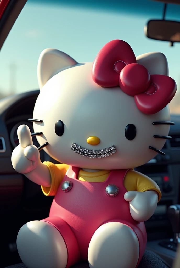 hello kitty smiling wearing silver grills inside a car showing middle finger
