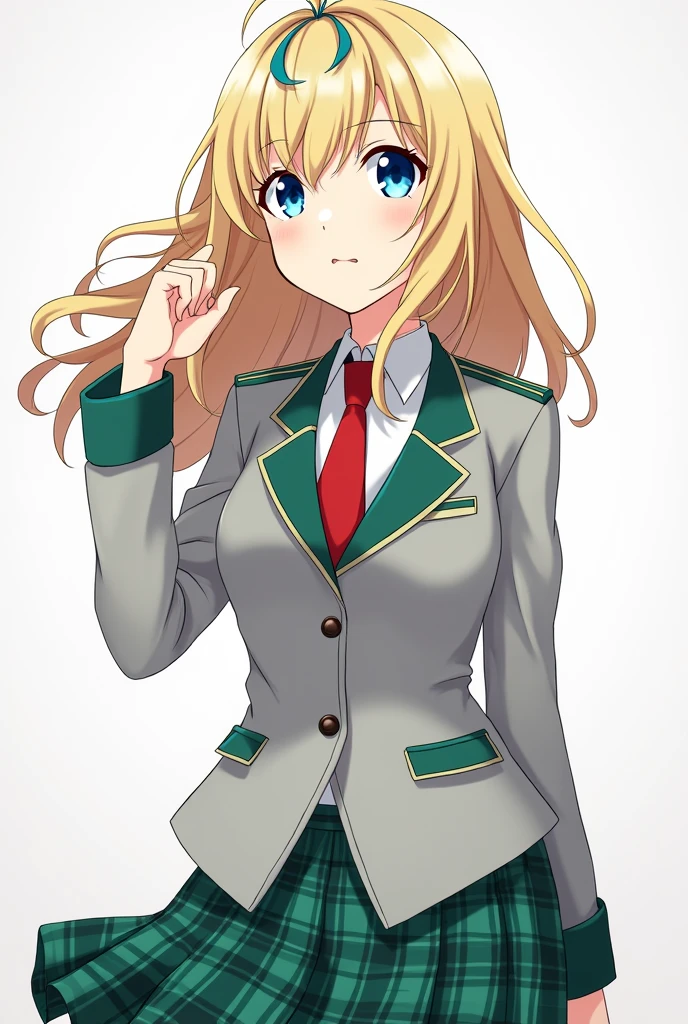 A  girl with the animation style of the anime boku no hero academia,  He wears a light grey blazer with green shoulder pads.,  a red tie and a green plaid skirt , She has long wavy hair with a light blonde side bang with a dark blue streak in her bangs.  , He has light blue eyes 
