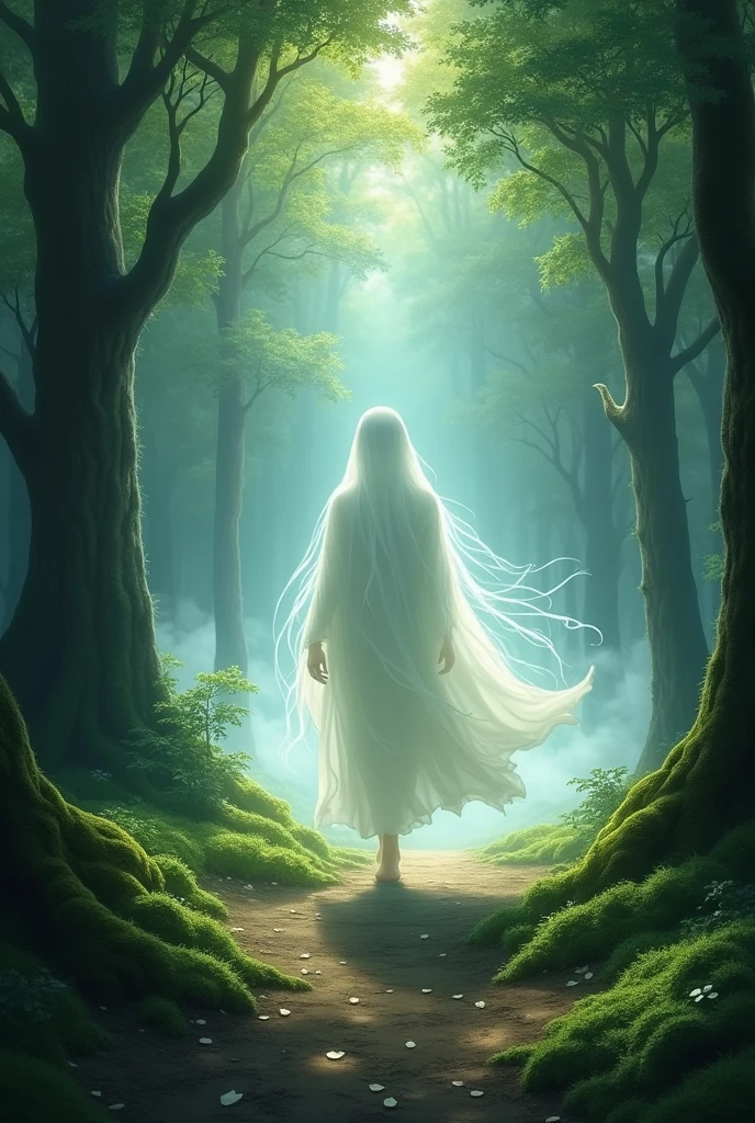 Peaceful Departure** - The ghost walking away from the forest, leaving behind a trail of calm.