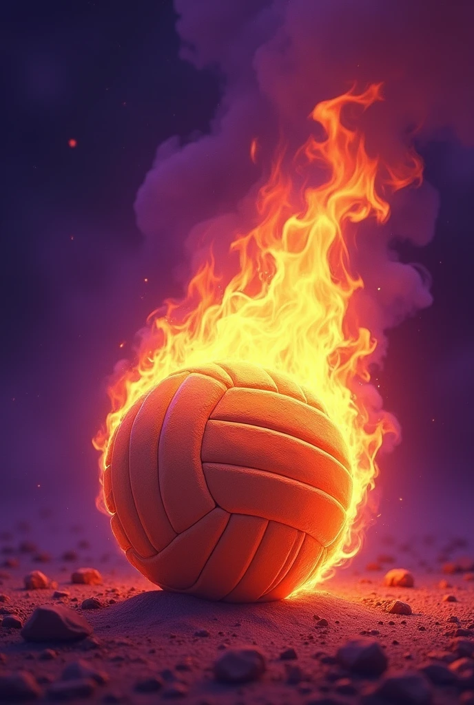 A drawing of a volleyball on fire purple