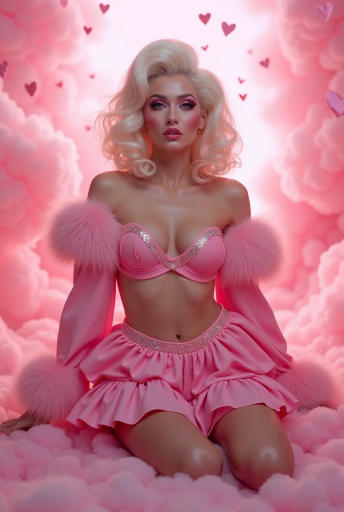 Create a drag makeup look and dress in a theme of the Goddess of Love, wearing a heart-shaped bikini with a short, layered skirt with fur trim on the sleeves. The outfit should be pink, sexy, and playful. The background should be pink with floating hearts, and the character should be sitting on a cloud. The outfit should be unique and one-of-a-kind