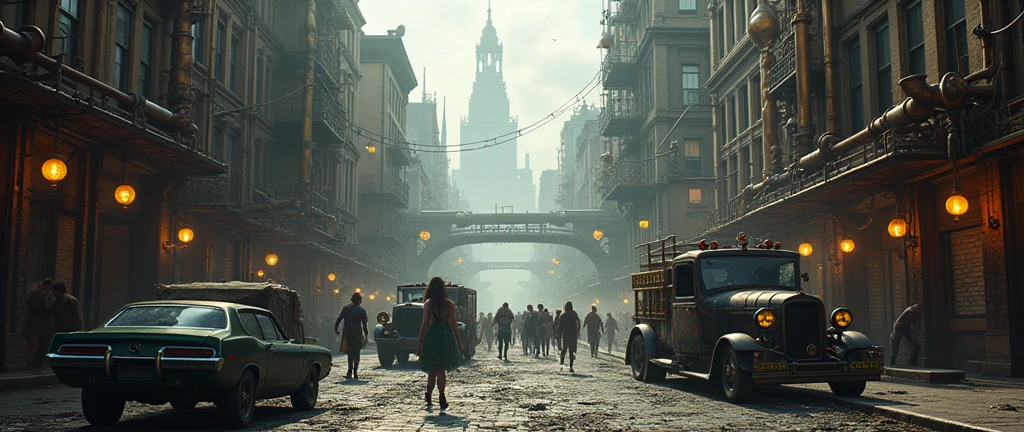 a zombie apocalypse in a steampunk world taking place in a big city