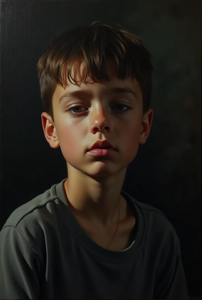 Create a painting depicting a quiet boy who is born in a noisy world, who does not speak but when he does it's a wow. Make use of chiaroscuro 