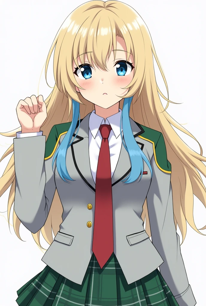 A  girl with the animation style of the anime boku no hero academia,  He wears a light grey blazer with green shoulder pads.,  a red tie and a green plaid skirt , She has long wavy hair with a light blonde side bang with a dark blue streak in her bangs.  , He has light blue eyes 
