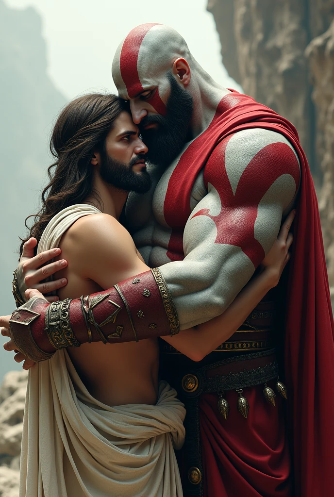 Make me Kratos from God of War hugging Jesus