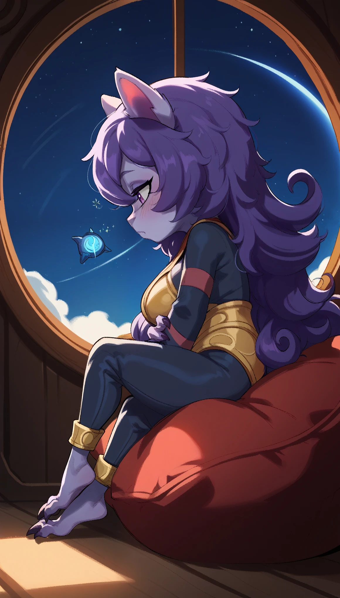 score_9, score_8_up, score_7_up, best quality, masterpiece, Lulu, (absurdly high resolution:1.4), from side, (short, diminutive, smol), yordle, (humanoid, light purple skin, purple eyes, (long ears, horizontal ears), long horizontal yordle ears, claws, feminine), black space suit, barefoot, cute, adorable, slim, thin, (hair, fluffy hair,), large breasts, sleepy expression, blush lines, submissive), solo, space station bedroom, pillows, window, night sky, Expressive, young, expressive shortstack, outer space,