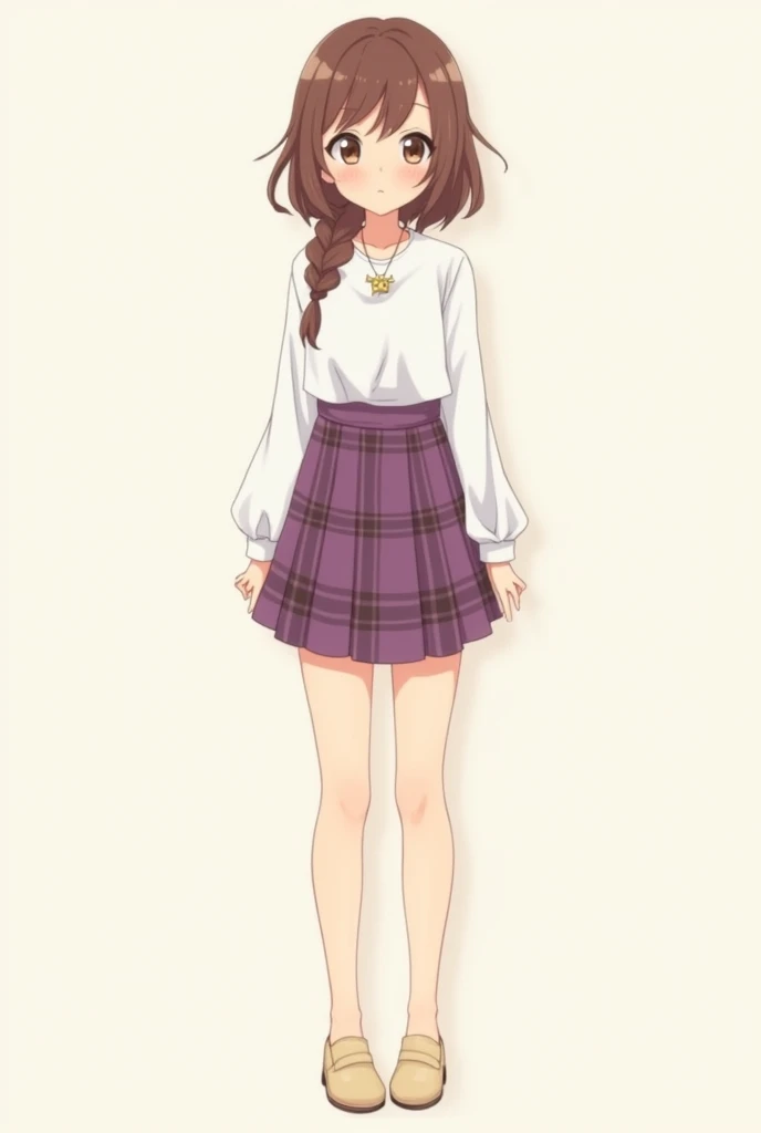Une lycéenne d'anime aux cheveux châtains, frisés, coiffés en tresse, vêtue d'une chemise blanche et d'une jupe à carreaux violette. Elle a une toute  poitrine, elle est très mince et mâte de peau. Elle porte des mocassins marron crème. Elle se tient droite, de face. Elle porte un collier en forme de tête de chat. 