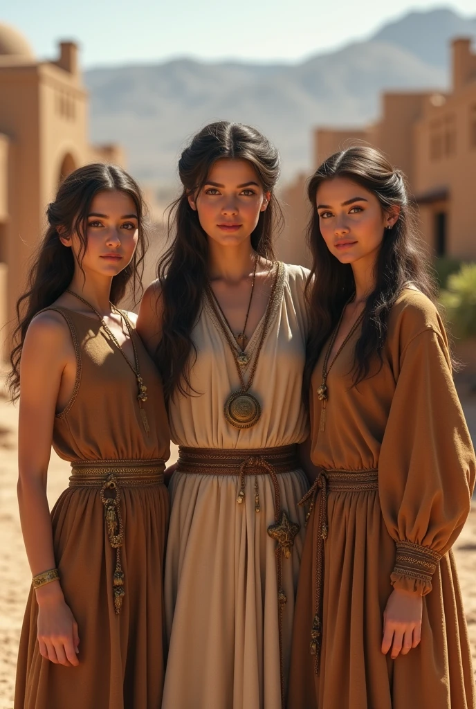 Generate realistic images of 2 young women and 1 adult woman in coarse tunics in the city of Moab that are based on the story of Ruth. All characters must be good-looking.