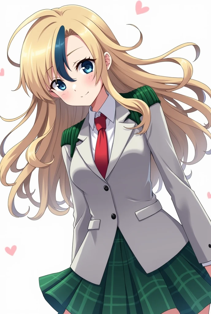 A girl with the animation style of the anime boku no hero academia, He wears a light grey blazer with green shoulder pads., a red tie and a green plaid skirt , She has long wavy hair with a light blonde side bang with a dark blue streak in her bangs. , He has light blue eyes