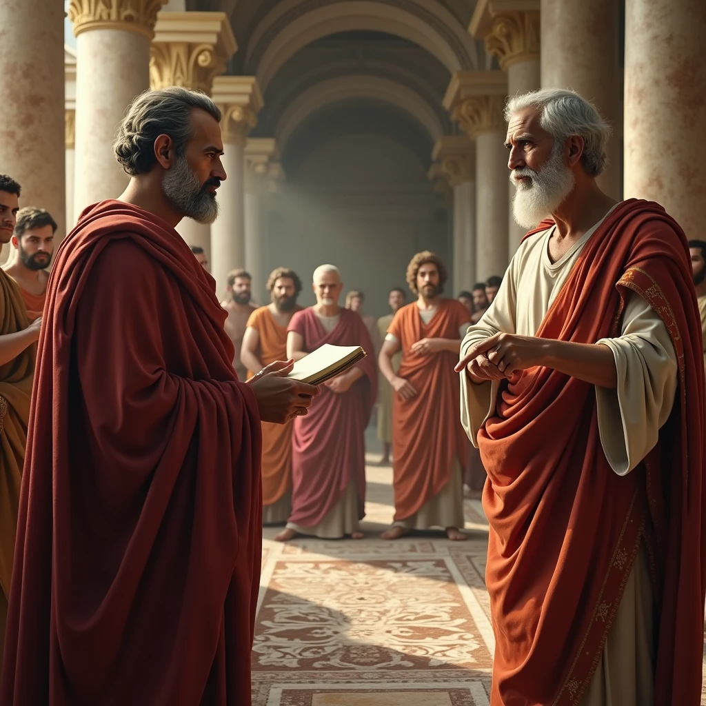 " Plato watching Aristotle teach" ,realistic image