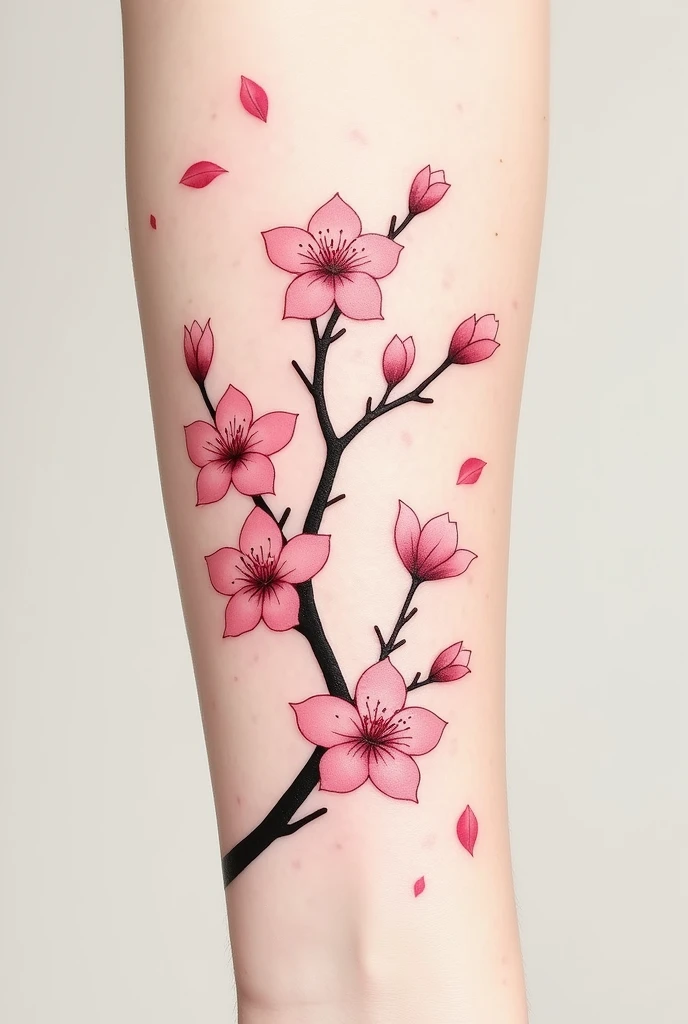 Un tatouage de taille moyenne représentant une branche de cerisier japonais en pleine floraison, sans bourgeons, avec des fleurs écloses. Les pétales roses de sakura tourbillonnent doucement autour de la branche, créant une sensation de mouvement délicat. La branche est fine et sinueuse, occupant l'espace central du design, tandis que les pétales flottants ajoutent de la légèreté au tatouage. Style épuré, harmonieux, et adapté à la courbure de l'avant-bras.