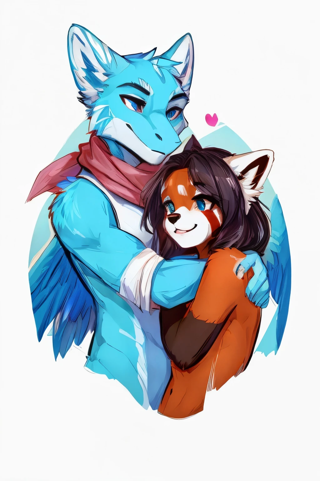Female Redpanda hugs male blue lizard boy