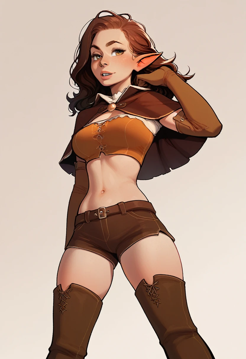 score_5_up,score_6_up,score_7_up,
1girl, solo, wearing (shorts, crop top, capelet, thigh boots, brown gloves), pointy ears, long hair, breasts, simple background