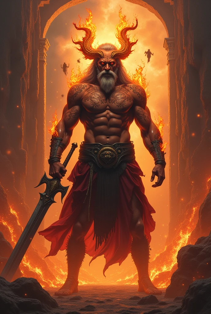 (photorealism:1.2), built up hades, dark fiery skin wearing a crown of fire, gateway of the greek underworld, fire tattoos on torso and arms, hard lighting, lava in background, fire, souls floating, holding a big sword, giant cerberus chihuahua, menacing pose, realistic, intricate details, warm colors, fire