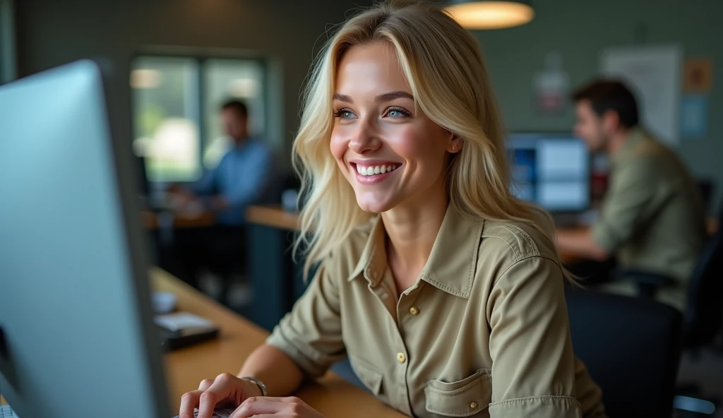 Photorealistic、Ultra HD、Blonde zookeeper smiling while looking at computer screen、