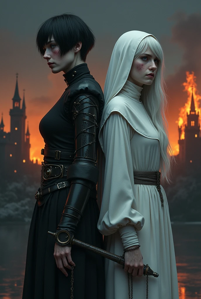 Two pale middle-aged women back to back with violet eyes, with the one on the left with a suffering eye, dark alchemist clothes and left arm with a steampunk prosthesis, holding a dagger with, short black hair and a cut on the face, and the one on the right with white nun clothes holding a rosary with sad eyes long white hair with a castle on fire behind the night