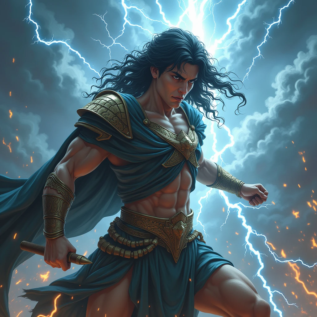 A young Roman with a scary dark face and long hair and the power of thunder, who is fighting heavily with other gods