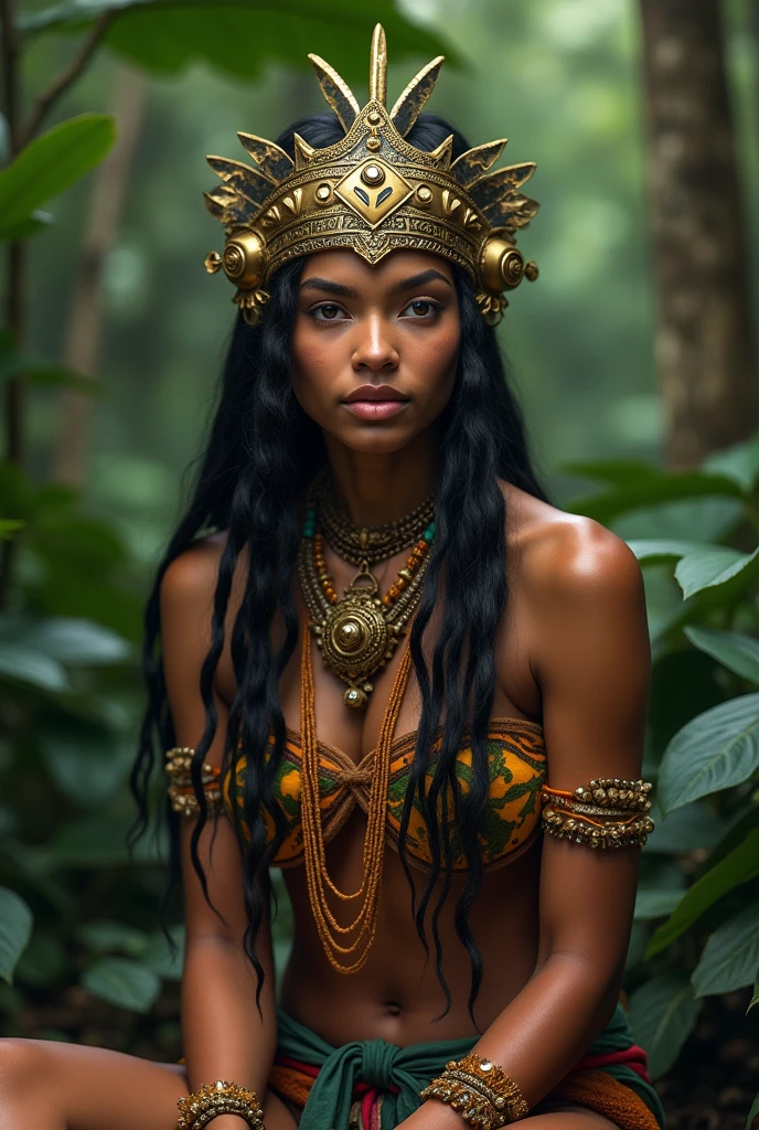 (photorealism:1.2), beautiful woman, arafed woman in a native dress sitting in the woods, amazon indian peoples in brazil, a young female shaman, in a jungle environment, ayahausca, nature goddess, amazon warrior, she is dressed in shaman clothes, tai traditional bronze headdress, tai costume, amazon queen, beautiful young female shaman, pocahontas, tribal clothing, authentic costume