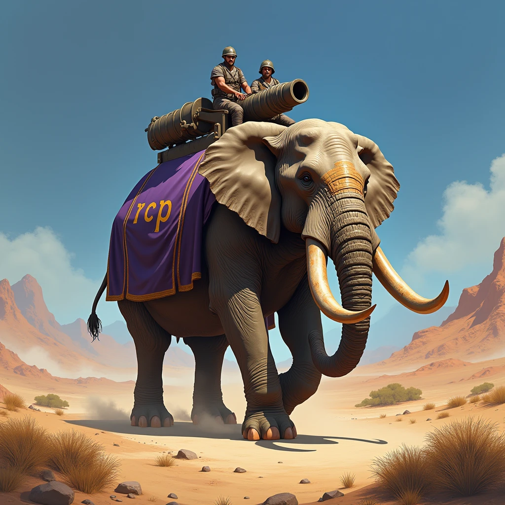 Generate me the image of an elephant, This one carries a large cannon manned by two men and is wearing a purple blanket on which the letters 'RCP' are written. , He is walking through a desert, photorealist