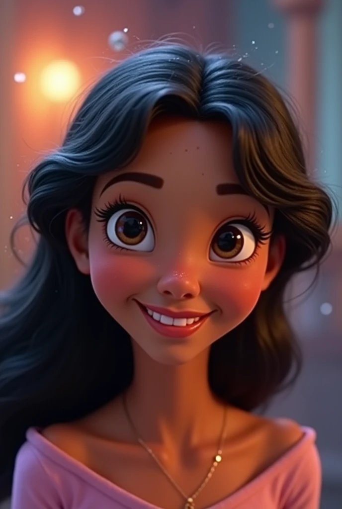 A photo of a Disney character with dark wavy hair and brown skin and a smile 

