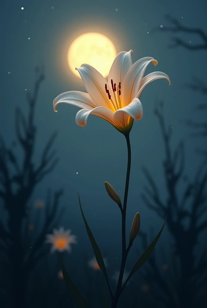 Lily flower rose at the night and the moon is falling in bacground