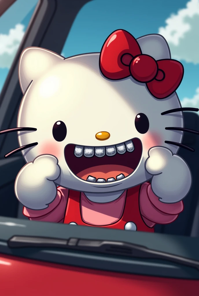 hello kitty smiling wearing silver grills inside a car throwing up middle fingers