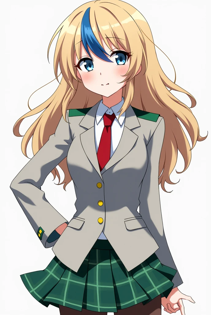 A girl with the animation style of the anime boku no hero academia, He wears a light grey blazer with green shoulder pads., a red tie and a green plaid skirt , She has long wavy hair with a light blonde side bang with a dark blue streak in her bangs. , He has light blue eyes