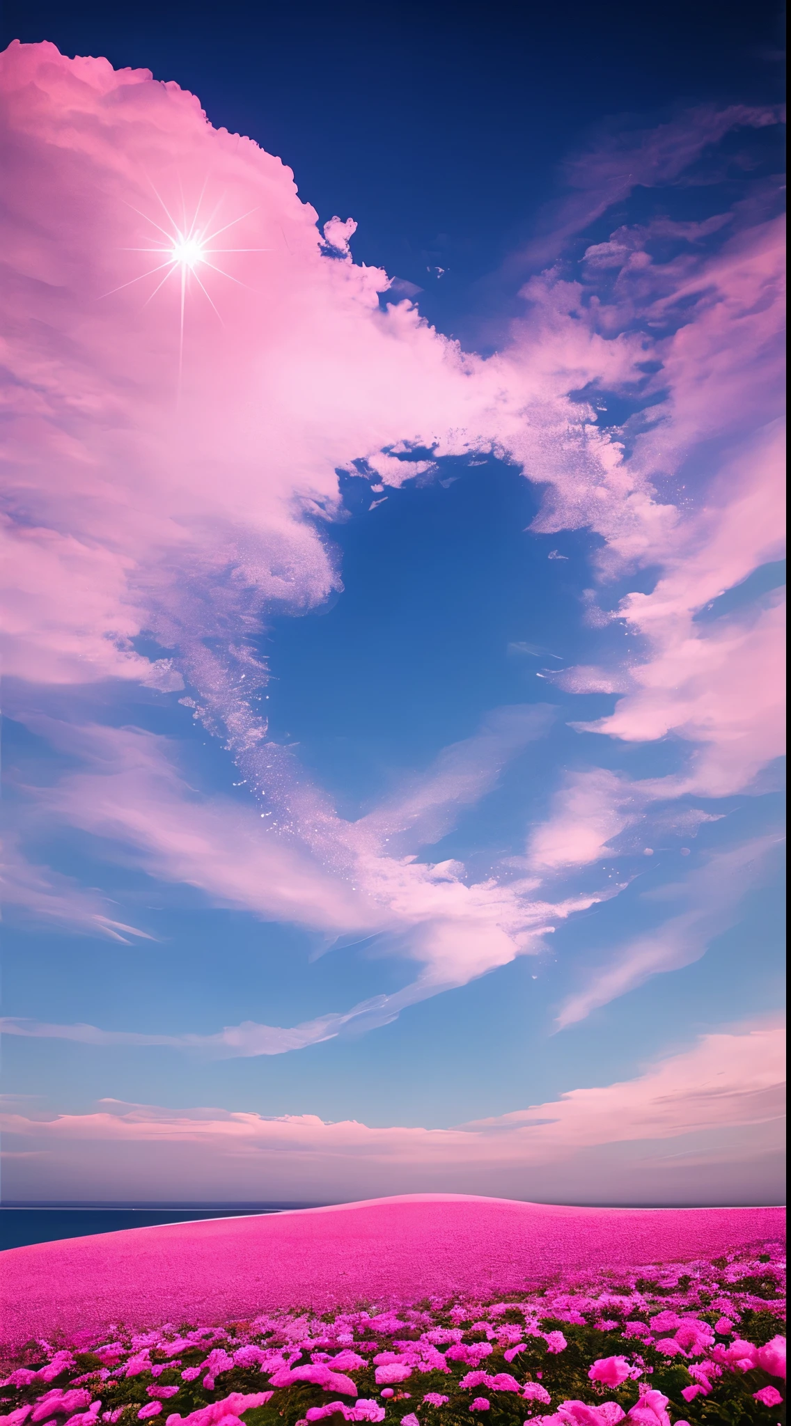 Pink moon, pink sky, soft pink clouds, pink ocean waves sparkling, sparkling, pink roses on pink ocean, fantasy, diamond, crown, universe, soft lights,Heart Cloud Realistic、Real、high resolution、Panorama、Wide angle