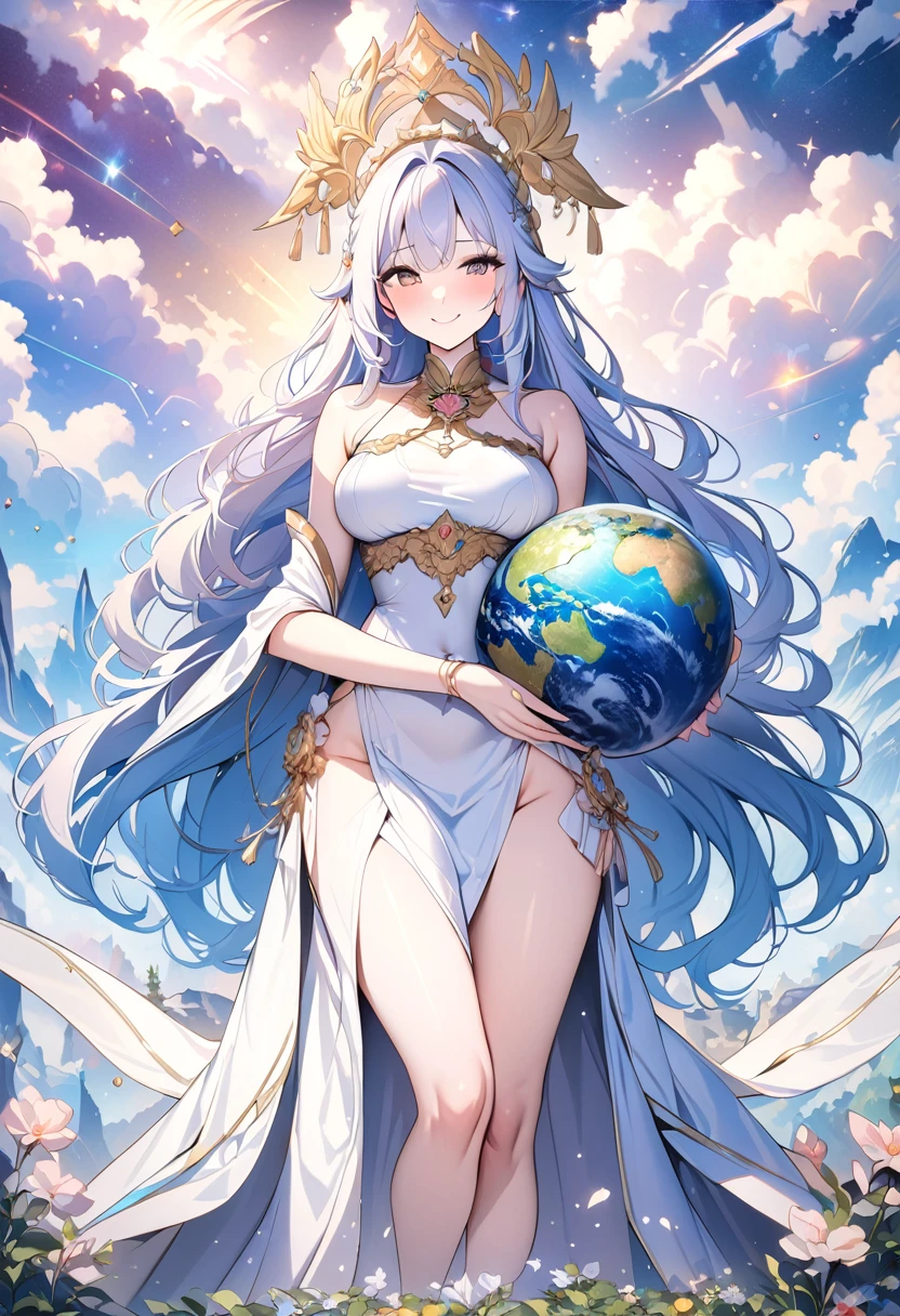 (((Highest quality, 8k, masterpiece: 1.3)), \(One woman, Giant Goddess, Wearing a thin cloth, Shiny Hair, smile, Holding the Earth in My Heart:1.5, universe space\)