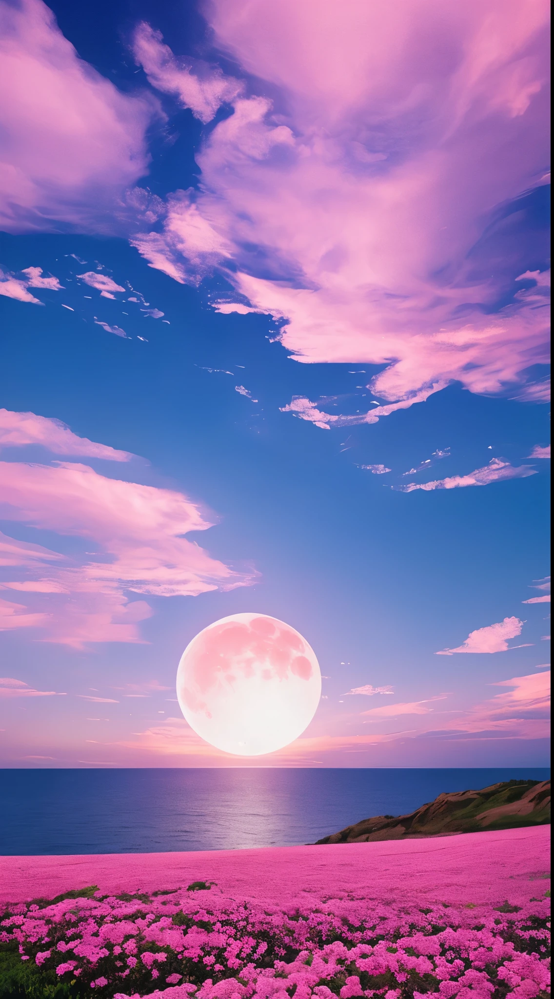 Pink moon, pink sky, soft pink clouds, pink ocean waves sparkling, sparkling, pink roses on pink ocean, fantasy, diamond, crown, universe, soft lights,Heart Cloud Realistic、Real、high resolution、Panorama、Wide angle
