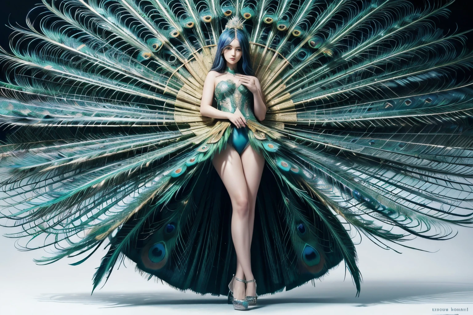 A hyper-realistic image of a majestic peacock standing gracefully with its vibrant, iridescent tail feathers fully fanned out, displaying a spectrum of brilliant blues, greens, and golds. The peacock is positioned against a pure, completely white background, ensuring that the intricate details of its feathers and the regal posture of the bird are the central focus. The scene is minimalistic, with no distractions, highlighting the stunning beauty of the peacock in a full-body shot captured from a horizontal perspective at eye level.