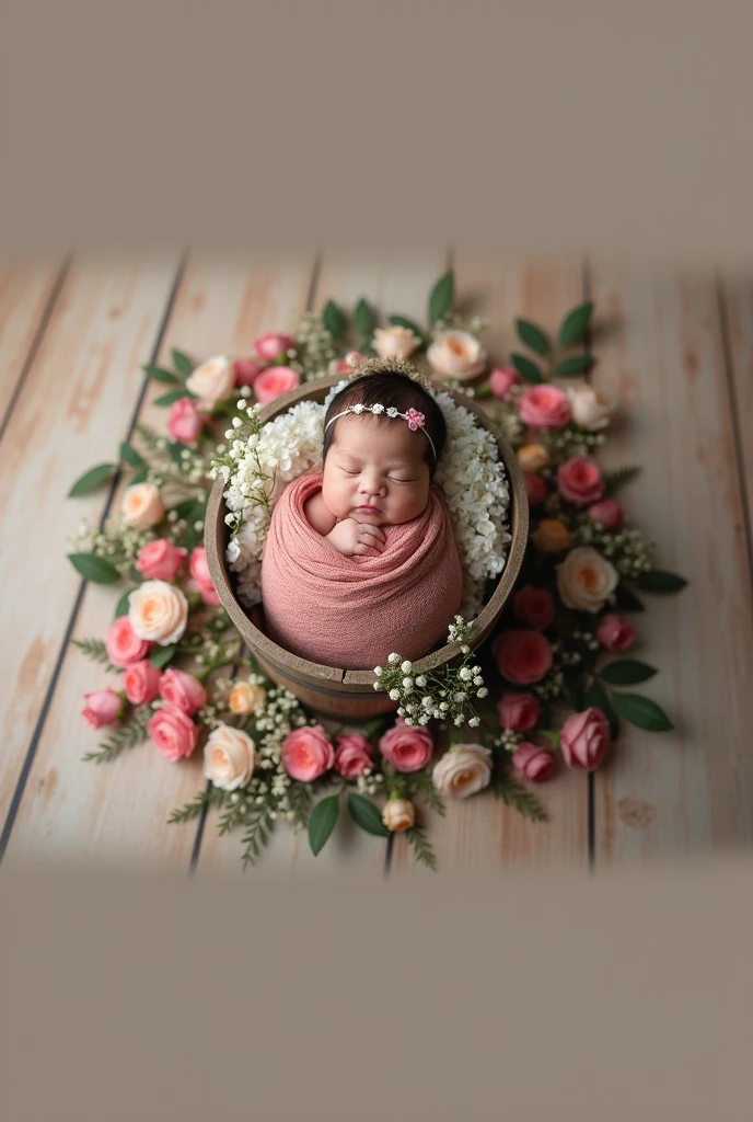 arafed baby in a bucket surrounded by flowers on a wooden floor, wrapped in flowers, wrapped in cables and flowers, wrapped in flowers and wired, covered with flowers, girl in a bed of flowers, covered in flowers, draped in velvet and flowers, bed of flowers on floor, flower child, cozy studio photography, she is in pure bliss, alexa grace