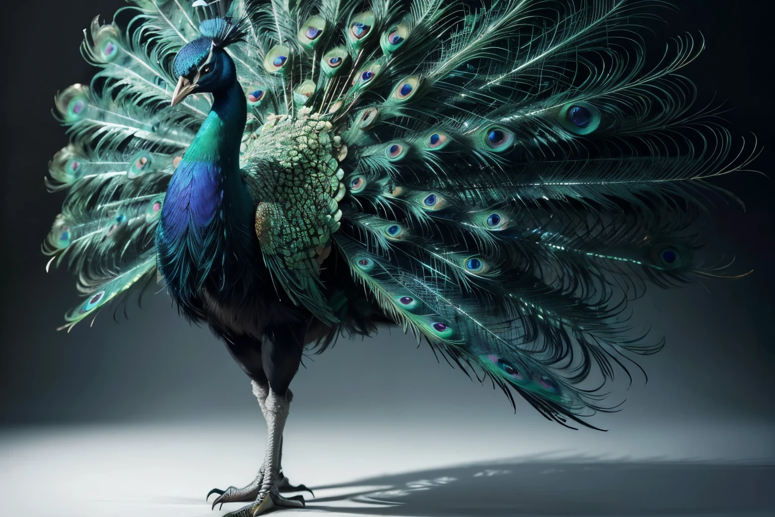 A hyper-realistic image of a majestic peacock standing gracefully with its vibrant, iridescent tail feathers fully fanned out, displaying a spectrum of brilliant blues, greens, and golds. The peacock is positioned against a pure, completely white background, ensuring that the intricate details of its feathers and the regal posture of the bird are the central focus. The scene is minimalistic, with no distractions, highlighting the stunning beauty of the peacock in a full-body shot captured from a horizontal perspective at eye level.