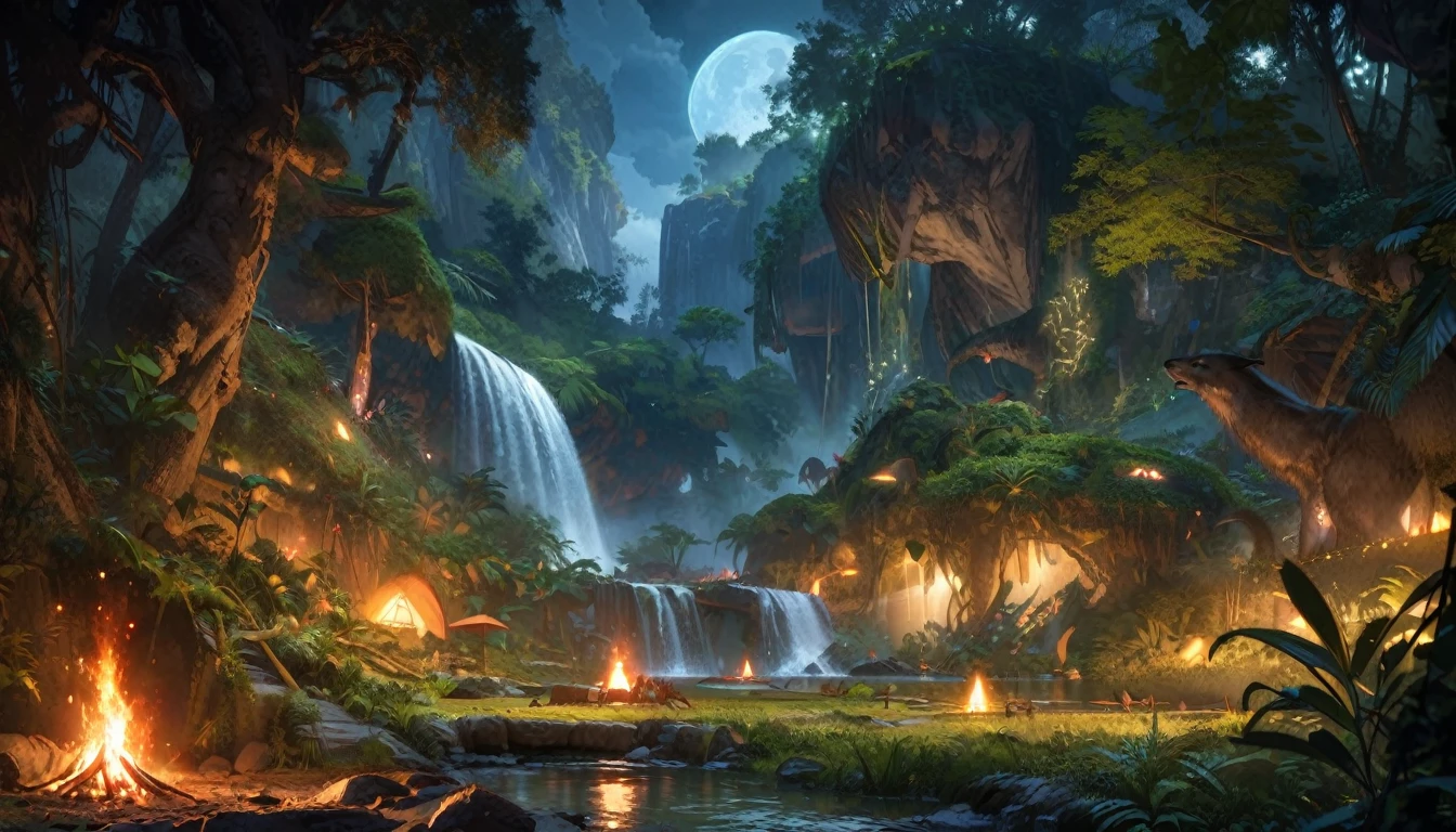(best quality,4k,highres:1.2),ultra-detailed,realistic:1.37, travelers ,adventure,jungle,night,small camp,camp fire,all around dark,dozens of shining eyes of wild animals,dense foliage,night creatures,scattered moonlight,excitement,serenity,distant animal calls,vibrant foliage,ancient trees,overgrown vines,lush vegetation,mysterious glow,majestic waterfall,hidden treasures,exploration,adrenaline rush,peaceful solitude,undiscovered paths,intrepid explorer,mystical aura,whispers of the unknown,sparkling starry sky,calmness of nature,unfamiliar trails,enchanted atmosphere,nighttime exploration,wonder and awe,primitive beauty,unpredictable encounters,jungle symphony,nature's secret wonders,wilderness adventure,uncertain steps,üfilled anticipation