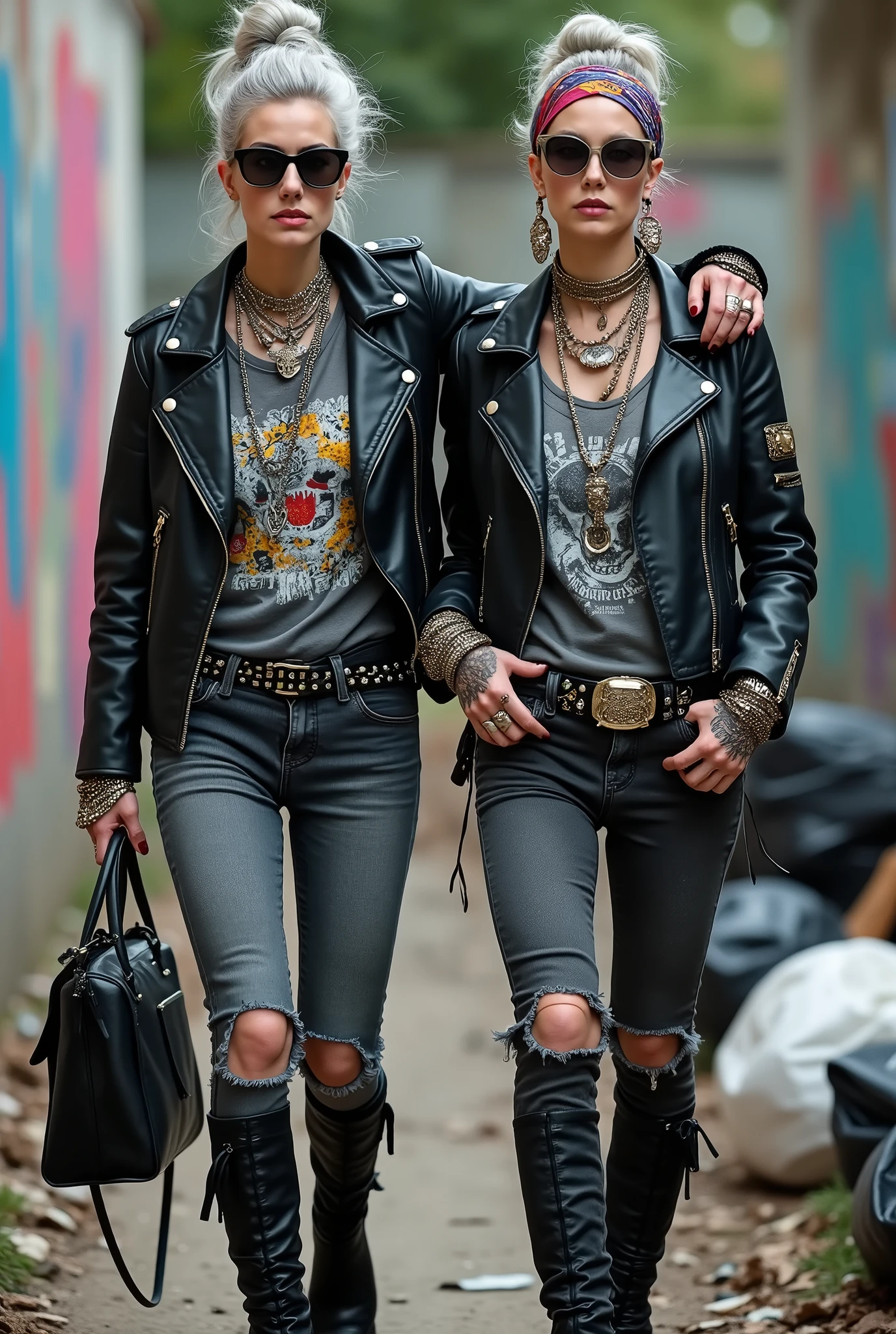 Two russian milf women, one with the arm over the shoulder of the other (who feels a bit dizzy). grey hair (one: bouffant, top bun. The other, straight and middle part}and one wearing oversized square sunglasses and wide colourful bandana as headband), with very light green eyes, extremely pale. Big lips. No tan. Wearing aged black moto jacket (zippers on the side, skull and bones pins). Both: different old worn grey t-shirt with rock band logo. Both,, dark skinny low rise grey jeans with holes on knees ( patched with colourful fabric). Both:, dark grey worn jeans {with holes on knees) tucked in black leather knee high boots. . Lots of thick wide studded bracelets, chain collars and big rings. Both, high boots. Tacky wide studded leather belt with big skull and bones oval buckle. Long earrings with chains and feathers. Walking with hands in pockets, stretching her neck, craving., Neck, chest, stomach and wrists heavily tattoed. Toned abdominals, thin neck, slim legs and thin arms. Narrow hips and slim legs. Black leather studded tote bags. Graffitied wall behind, waste on the groun and piled garbage bags around.