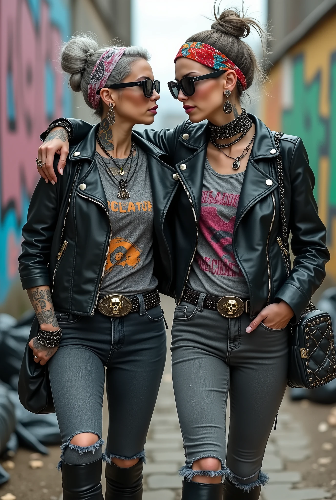 Two russian milf women, one with the arm over the shoulder of the other (who feels a bit dizzy). grey hair (one: bouffant, top bun. The other, straight and middle part}and one wearing oversized square sunglasses and wide colourful bandana as headband), with very light green eyes, extremely pale. Big lips. No tan. Wearing aged black moto jacket (zippers on the side, skull and bones pins). Both: different old worn grey t-shirt with rock band logo. Both,, dark skinny low rise grey jeans with holes on knees ( patched with colourful fabric). Both:, dark grey worn jeans {with holes on knees) tucked in black leather knee high boots. . Lots of thick wide studded bracelets, chain collars and big rings. Both, high boots. Tacky wide studded leather belt with big skull and bones oval buckle. Long earrings with chains and feathers. Walking with hands in pockets, stretching her neck, craving., Neck, chest, stomach and wrists heavily tattoed. Toned abdominals, thin neck, slim legs and thin arms. Narrow hips and slim legs. Black leather studded tote bags. Graffitied wall behind, waste on the groun and piled garbage bags around.