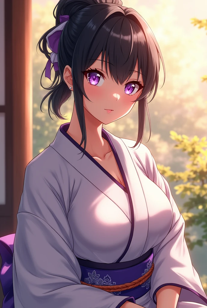 mature woman, tied black hair, with purple eyes, with sharp pupils, mature body, medium breasts, with white Japanese kimono with purple edges. in the sun shines, outside