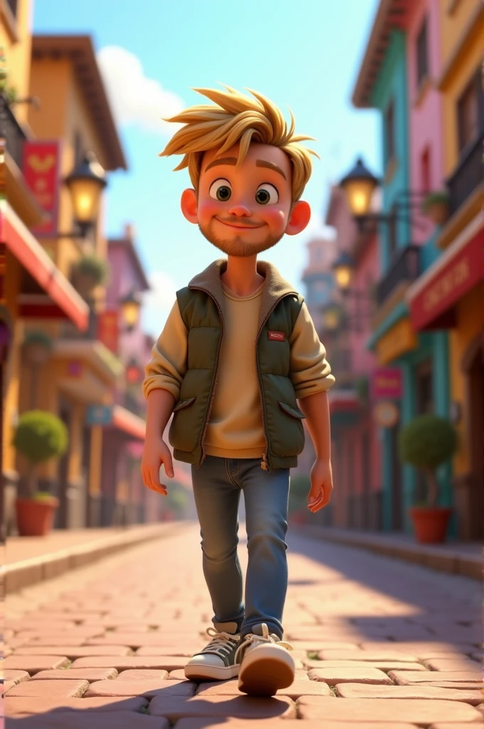 Disney image of a boy blonde with a little beard, walking down the street with an average body 3D photos