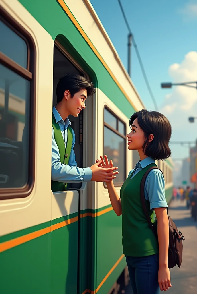 An image where a green and white train appears and inside there is a driver with a green vest and a light blue shirt. (greeting) y afuera esté una chica con cabello oscuro greeting al conductor