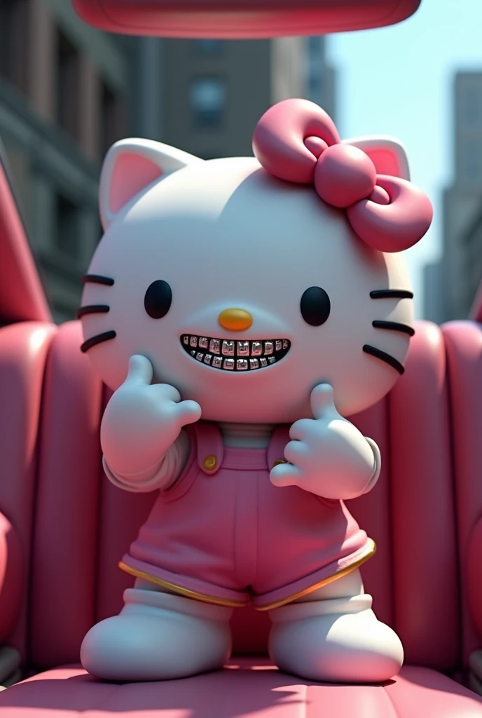 hello kitty smiling wearing silver grills inside a car throwing up middle fingers 3D