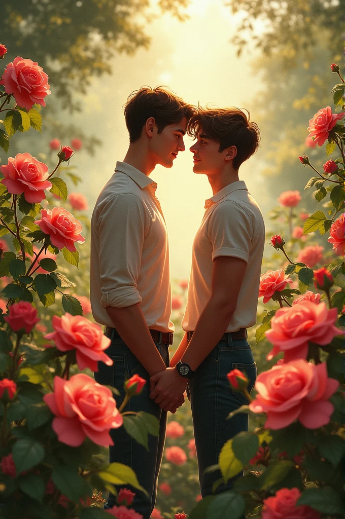 Two boys in love on a date in a realistic rose field. 