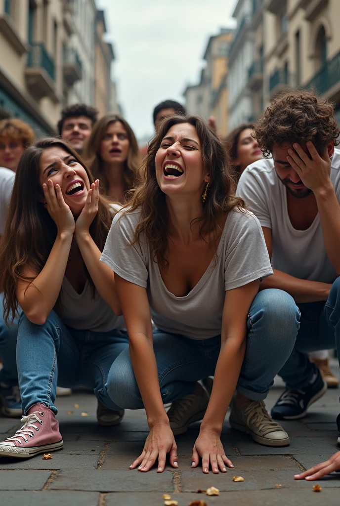 Create a group of casually dressed men and women crying and distressed in a city square with their hands on their heads and others kneeling