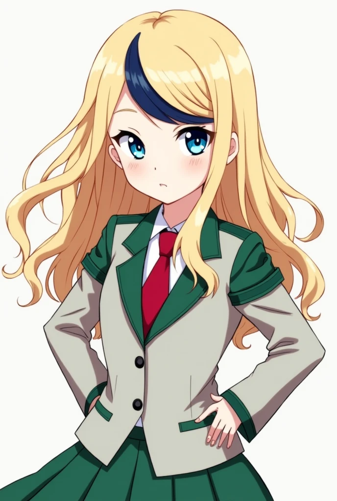 A  girl with the animation style of the anime boku no hero academia,  He wears a light grey blazer with green shoulder pads.,  a red tie and a green skirt , She has long wavy hair with a light blonde side bang with a dark blue streak in her bangs.  , He has light blue eyes 
