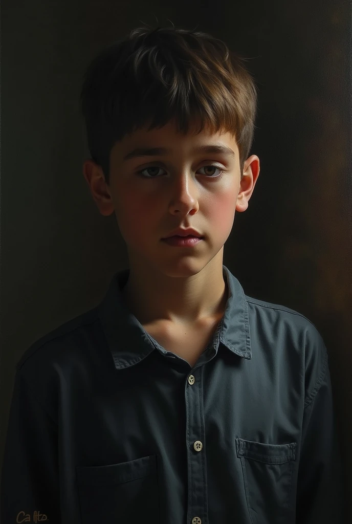 Create a painting depicting a quiet boy who is born in a noisy world, who does not speak but when he does it's a wow. Make use of chiaroscuro 