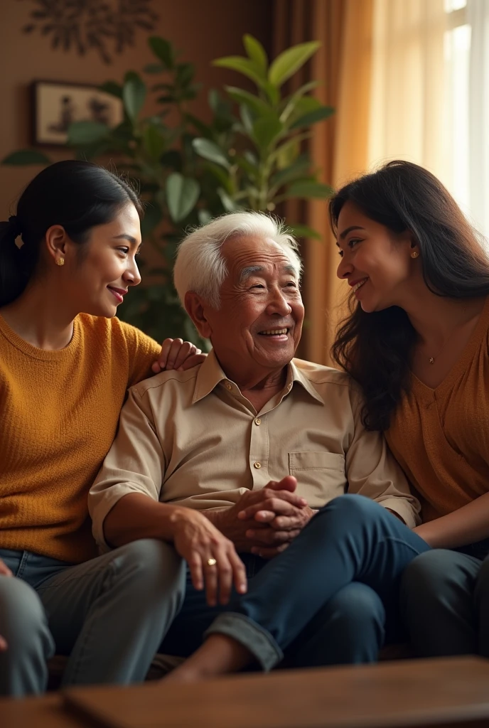 Older adults sharing with their adult children, The nationality of the people must be Latino
