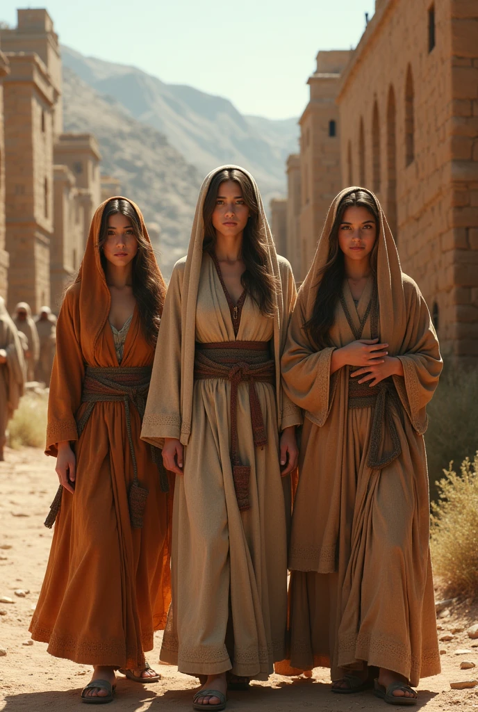 Generate realistic images of 2 young adult women and a 50-year-old woman in coarse robes in the city of Moab that are based on the story of Ruth. All characters must be good-looking.