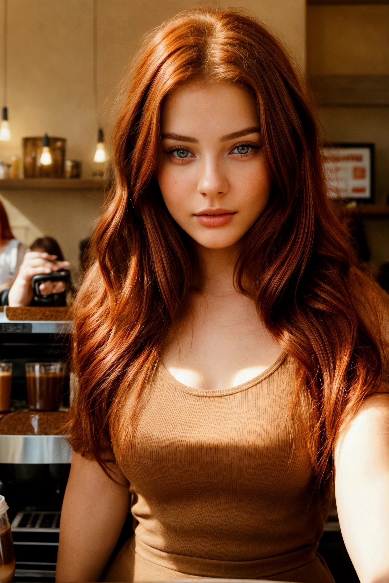 beautfull woman, Youngh, 20 years old, with red hair, brown-eyed, realisitic, in a coffee shop
