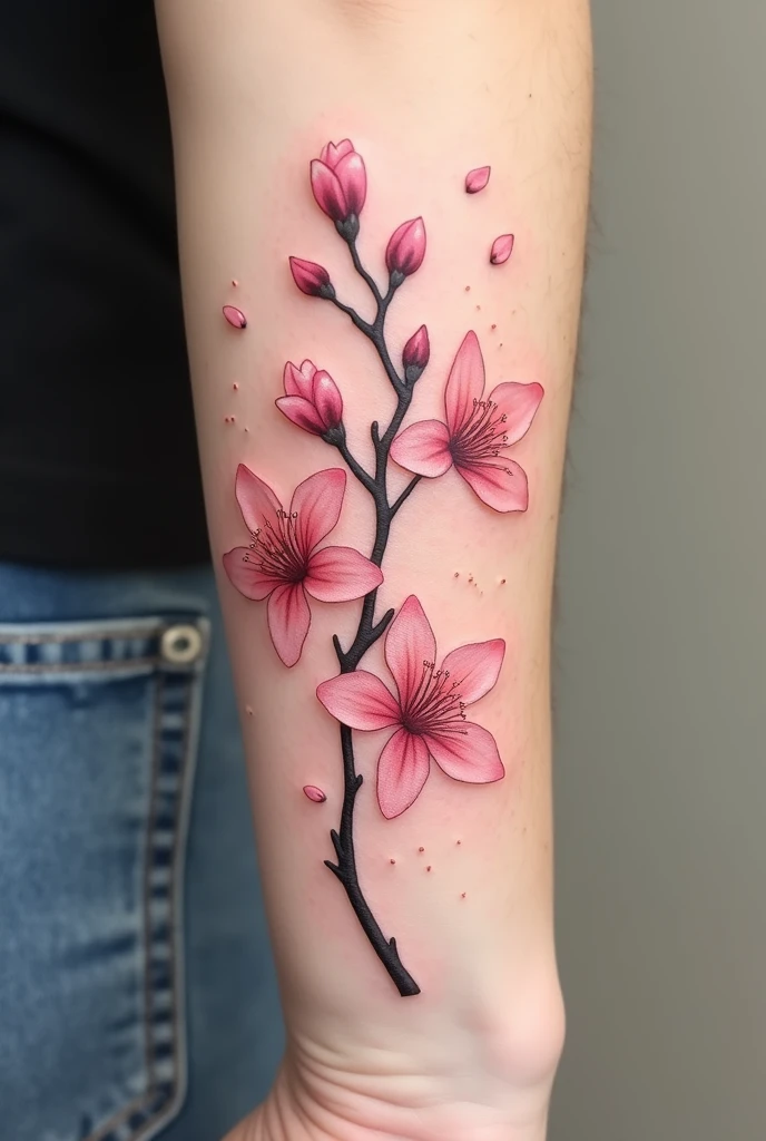 Un tatouage de taille moyenne représentant une branche de cerisier japonais en pleine floraison, toutes les fleurs doivent êtres écloses. Les pétales roses de sakura tourbillonnent doucement autour de la branche, créant une sensation de mouvement délicat. La branche est fine et sinueuse, occupant l'espace central du design, tandis que les pétales flottants ajoutent de la légèreté au tatouage. Style épuré, harmonieux, et adapté à la courbure de l'avant-bras.