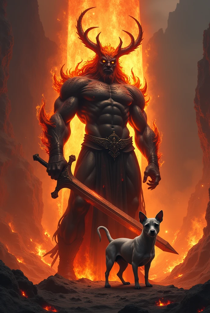 (photorealism:1.2), built up hades, dark fiery skin wearing a crown of fire, gateway of the greek underworld, fire tattoos on torso and arms, hard lighting, lava in background, fire, holding a big sword, giant cerberus chihuahua, menacing pose, realistic, intricate details, warm colors, everything is on fire, souls floating